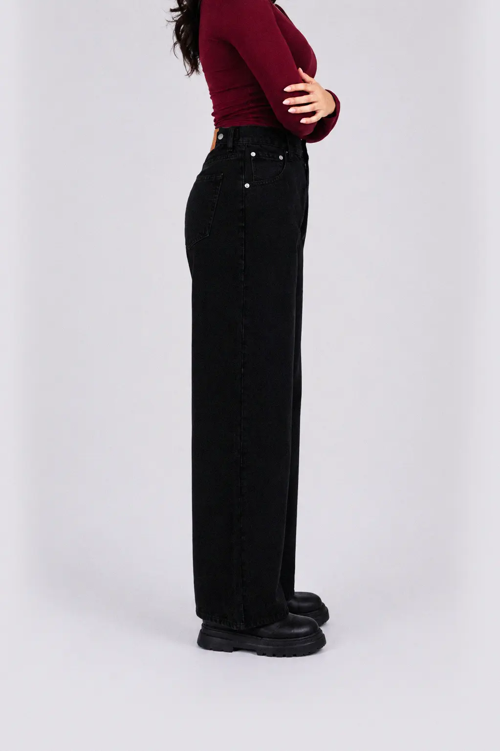 Side view of Terry adjustable waist baggy jeans